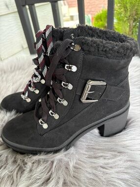 Jellypop Black Faux-Suede Lace-Up Ankle Booties with Shearling Trim